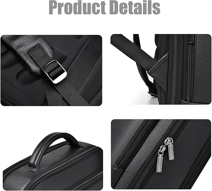 CHAO RAN Leather Laptop Backpack for Men Fit 15.6 Inch Laptop, Business Work Office College Medium Backpack with USB Charging Port, Waterproof Black Travel Bag (Black01)