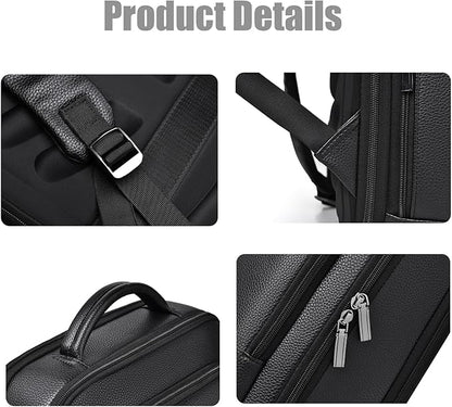 CHAO RAN Leather Laptop Backpack for Men Fit 15.6 Inch Laptop, Business Work Office College Medium Backpack with USB Charging Port, Waterproof Black Travel Bag (Black01)