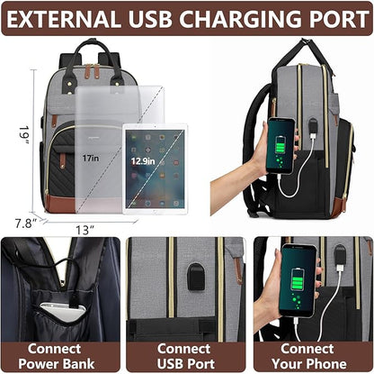 Laptop Backpack for Women Work Bag - Fits 17.3 Inch Laptop Bag Travel Work Backpack Anti-theft Bags with USB Charging Business Computer Waterproof Backpack Purse for Nurse Teacher Black Grey Brown