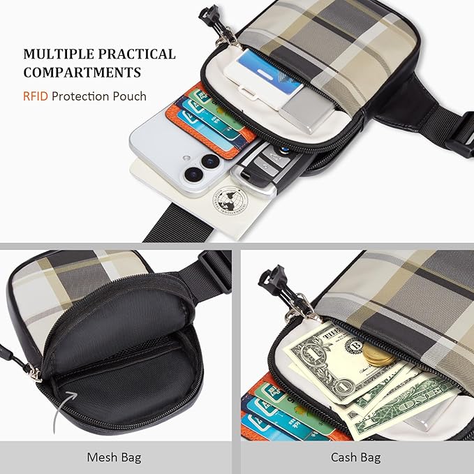 Mini Crossbody Sling Bag, PU Leather Chest Bag with Checkered Pattern, Dual Pocket Water Resistant Fanny Pack, Running Phone Holder for Men Women Workout Travelling(Scottish Tartan)