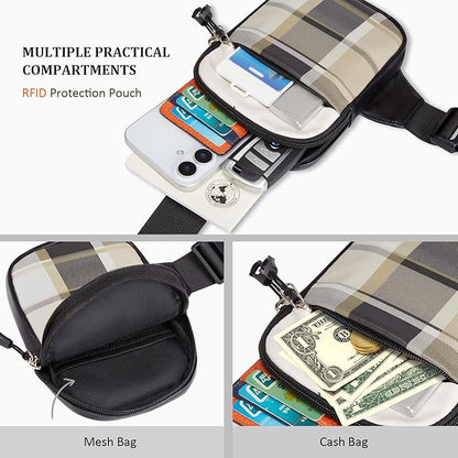 Mini Crossbody Sling Bag, PU Leather Chest Bag with Checkered Pattern, Dual Pocket Water Resistant Fanny Pack, Running Phone Holder for Men Women Workout Travelling(Scottish Tartan)