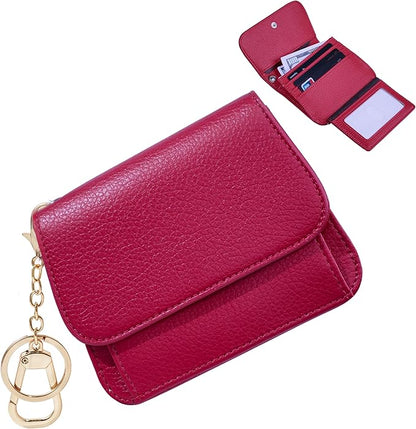 Women Small Wallet RFID Blocking Slim Wallet with Coin Pocket Tri-Fold Credit Card Holder with ID Window and Keychain (Red)