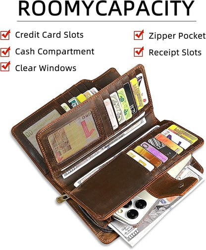 Genuine Crazy Horse Leather Travel Gift Coin Pocket Card Case Long Organizer Chain Rfid Wallet Purse With Snap For Men Male 1803 1815 (W-1820-Brown)