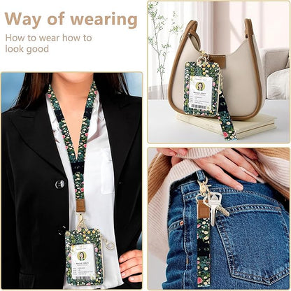 2-in-1 ID Badge Holder & Lanyard Wallet Cute Women Leather Zip ID Case Wallet with Breakaway Wrist Neck Lanyard, Clear Window, 5 Card Slots, Ring Keychain for Worker Teacher Floral Halloween Black Cat