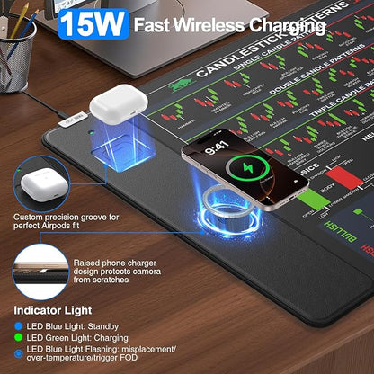 Wireless Charging Mouse Pad for Stock Market Invest Day Trader, 31.5"x15.8" Extra Large Trading Chart Patterns Cheat Sheet Desk Mat, Ultra-Smooth Surface, Non-Slip Base