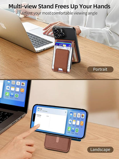 TopMade for MagSafe Wallet Stand with Money Clip, Works with Apple Find My, Magnetic Wallet for iPhone 17/16/15/14/13/12 Series, for iPhone Wallet with Finder Tracker, Brown(Black Elastic Band)