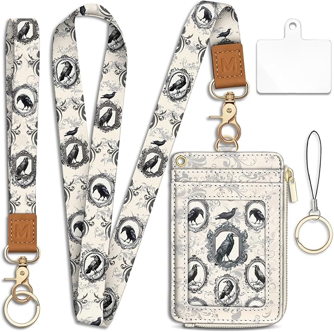 Piefly Goth Crow Lanyard Wallet with ID Badge Holder, Small RFID Wallet Women Keychain Wristlet, Slim Credit Card Holder Case with Zipper Pocket Phone Lanyard Wrist Strap Name Tag Office Teacher Gift