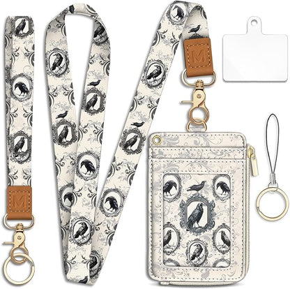 Piefly Goth Crow Lanyard Wallet with ID Badge Holder, Small RFID Wallet Women Keychain Wristlet, Slim Credit Card Holder Case with Zipper Pocket Phone Lanyard Wrist Strap Name Tag Office Teacher Gift
