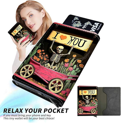 Minimalist Wallet for Men's Card Holders, Pop-Up Card Case Durable Wallets for Women, Leather Automatic Credit Card Holder with Metal Money Clip RFID Blocking Bifold Pocket, Red Car Skull