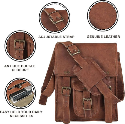 Leather crossbody bag messenger satchel tablet bag 11 inches for men and women (Brown)