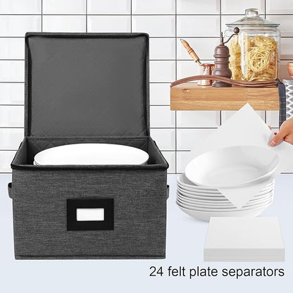 Mayniu China Storage Containers Hard Shell, 13" Charger Plates Storage Containers for Dishes, Stackable Dinnerware Storage with 24 Felt Dividers (2 Pack Black)