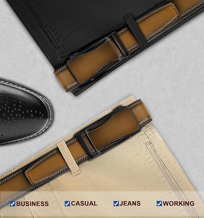 BULLIANT Mens Ratchet Belt,Leather Adjustable Slide Belt For Gift Mens Dress Casual 1 3/8",Size Adjustable