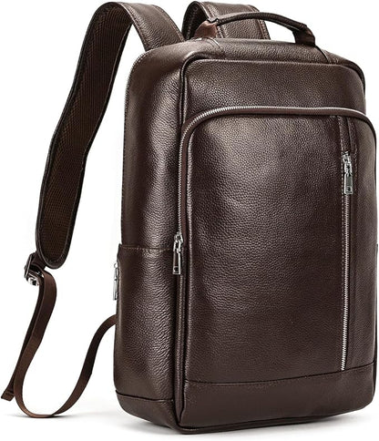 Genuine Leather 15.6 Inch Laptop Backpack for Men, Multi Pocket Slim Daypack Shoulder Bag with Trolley Sleeve for Business Travel (Brown)
