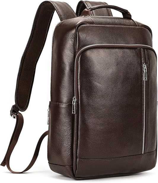 Genuine Leather 15.6 Inch Laptop Backpack for Men, Multi Pocket Slim Daypack Shoulder Bag with Trolley Sleeve for Business Travel (Brown)