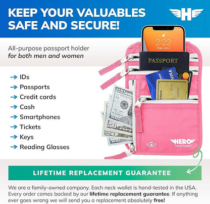 HERO Neck Wallet - RFID Blocking Passport Holder, Easy to Conceal Travel Pouch (Hot Pink)