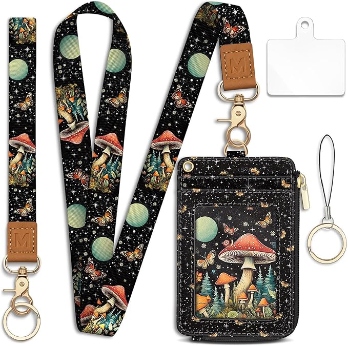 Lanyard Wallet with Id Badge Holder, Mushroom RFID Small Keychain Wallet Women Wristlet, Cute Zipper Credit Card Holder Phone Wrist Neck Strap for Key Name Tag, Teacher Student Office Gifts