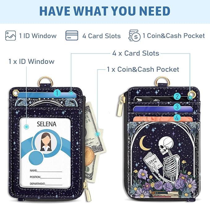 Goth Skeleton Book Lanyard Wallet with ID Badge Holder, Flowers Moon Star Small RFID Wallet Women Keychain Wristlet, Slim Credit Card Holder with Zipper Pocket Phone Lanyard Wrist Strap Office Teacher