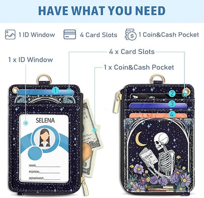 Goth Skeleton Book Lanyard Wallet with ID Badge Holder, Flowers Moon Star Small RFID Wallet Women Keychain Wristlet, Slim Credit Card Holder with Zipper Pocket Phone Lanyard Wrist Strap Office Teacher
