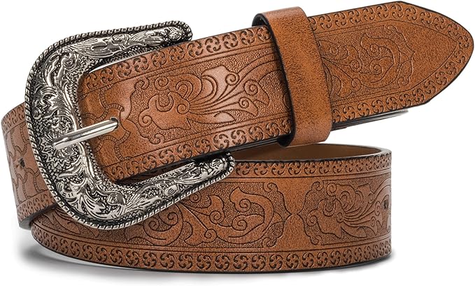 Mealah Vintage Western-Cowboy-Belt for Women Men - Carved Buckle PU Leather Waist Belts (for Waist 28"-38")