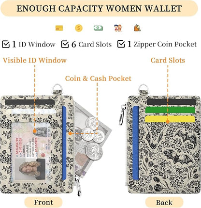 Hancynir Goth Bat Floral Slim Wallet Women Credit Card Holder Gothic Flower RFID Blocking Small Cute Card Wallets Mini Front Pocket PU Leather Thin Travel Zipper Coin Cash Ladies Female Wallet Gifts