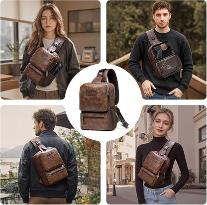 MOYYI EDC Crossbody Bag for Men Leather Sling Bag, Tactical Chest Bag with USB Charging Port, 7L Small Casual Daypacks for Travel
