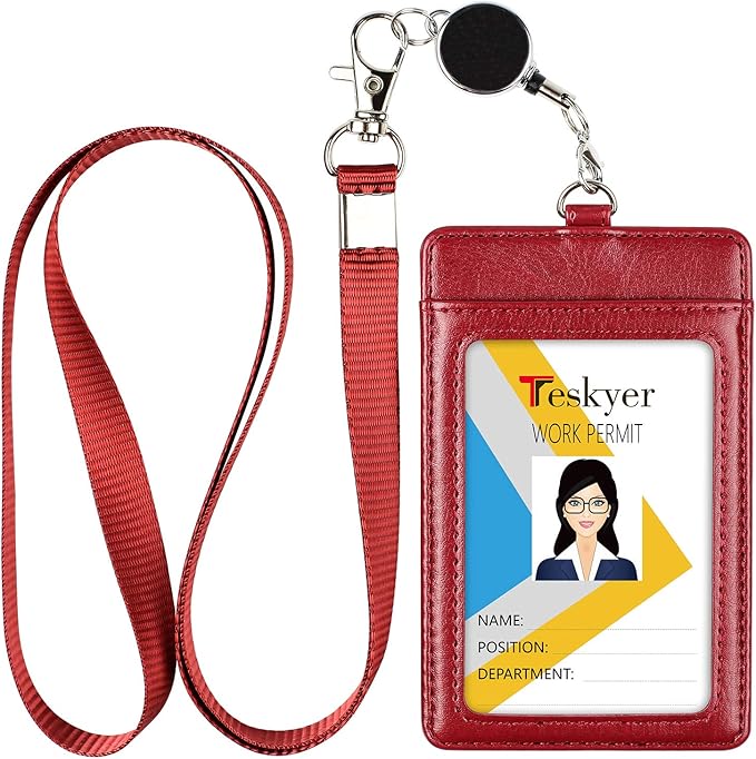 Teskyer Leather Badge Holder with Lanyard and Badge Reel, Retractable Lanyard ID Card Holder for Office School Name Work IDs, Wine Red