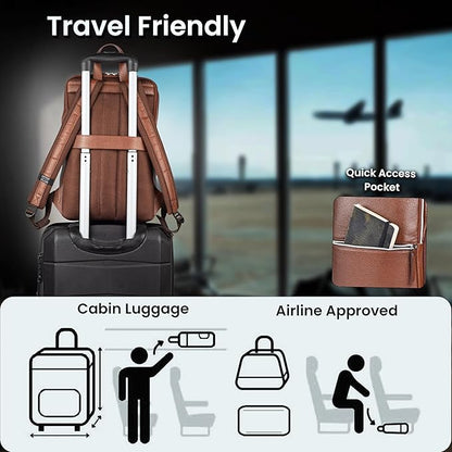 LEATHER VILLAGE Leather Laptop Backpack for Men | Cognac Brown | Slim Professional Business Bag Fits 15.6”-Laptop | Water-Repellent Work & Travel Daypack with Trolley Strap