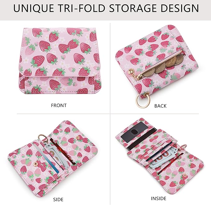 Women Small Wallet RFID Blocking Slim Wallet with Coin Pocket Tri-Fold Credit Card Holder with ID Window and Keychain (Strawberry)