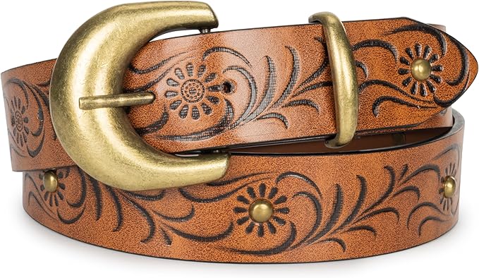Mealah Vintage Western-Cowboy-Belt for Women Men - Carved Buckle PU Leather Waist Belts (for Waist 28"-38")