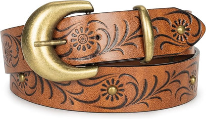 Mealah Vintage Western-Cowboy-Belt for Women Men - Carved Buckle PU Leather Waist Belts (for Waist 28"-38")