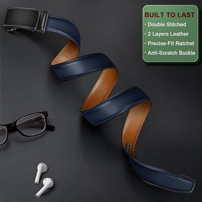 KEMISANT Men Belt Ratchet Click Belt Genuine Leather Adjustable For Men Golf Dress Casual Jeans 1 3/8-Cut For Fit