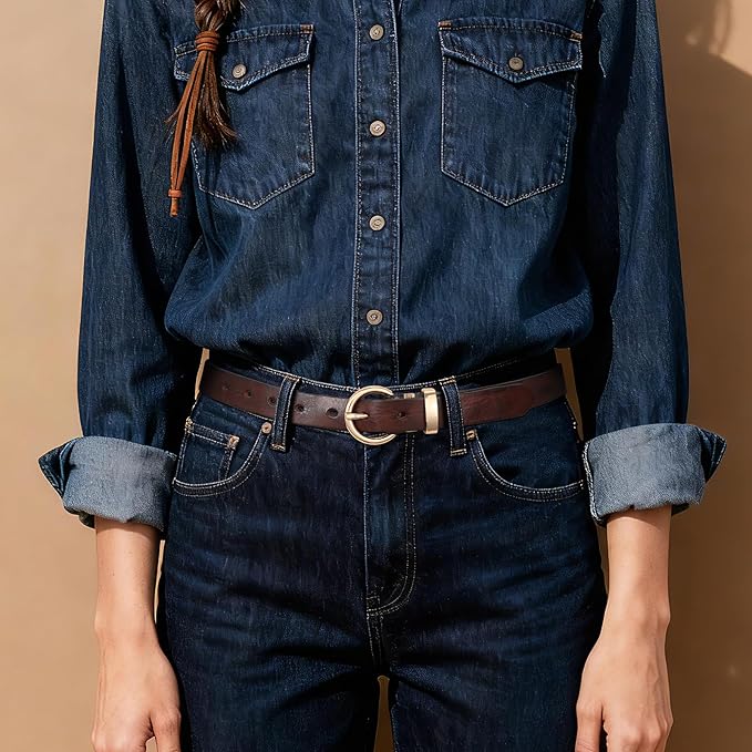 SANSTHS Womens Genuine Leather Belts for Jeans Pants Trendy Vintage Thin Leather Belt Gold Buckle Ladies Skinny Waist Belt