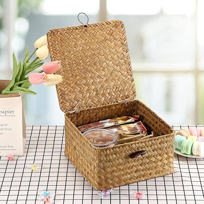 Hipiwe Wicker Shelf Basket Bin with Lid Square Handwoven Seagrass Box Decorative Household Storage Container Multipurpose Organize for Bookshelf Living Room Bathroom, Small Caramel