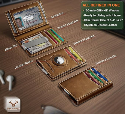 BULLIANT Men Airtag Wallet,Slim Wallet Money Clip Card Holder Magnetic Closure 12 Cards in Front Pocket RFID Blocking