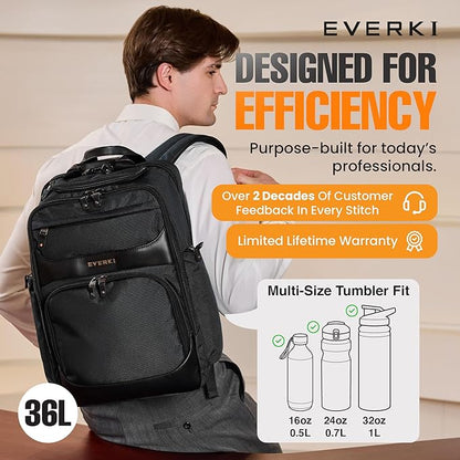 EVERKI Onyx 36L Business Laptop Backpack – Professional Travel Backpack for Men & Women, Laptop Bag with Premium Leather Ballistic & Nylon, Office & Flight Approved, Fits Laptops up to 17.3” - Black
