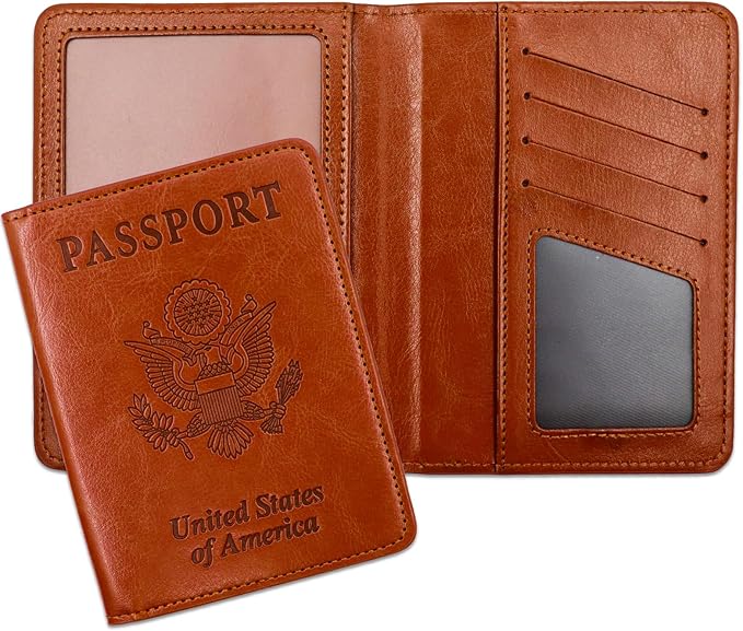 Passport Holder for Travel Essentials RFID Blocking Wallet Card Case PU Leather Passport Cover Women and Men (Brown)