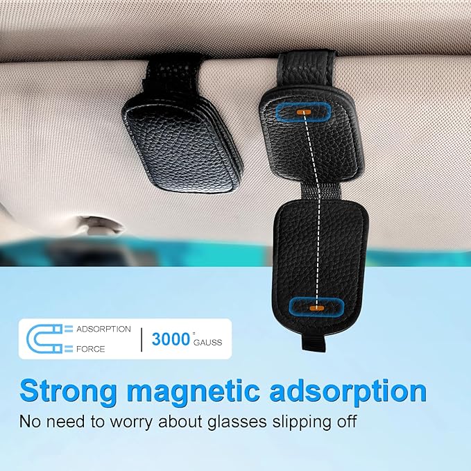 LTOHOE 2 Pack Sunglass Holder for Car, Magnetic Leather Sunglasses Holder and Ticket Card Clip, Universal for Different Size Glasses, Car Visor Accessories(Black)