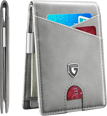 GSOIAX Slim Leather RFID Bifold Wallet for Men Minimalist Front Pocket Wallet with Money Clip,12 Card Slots,ID Window,Cool Groove Design,Includes Gift Box (Retro Grey)