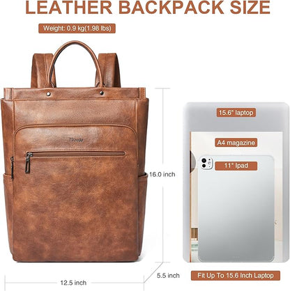 Leather Laptop Backpack for Women, Travel Backpack Purse Fits 15.6 Inch Laptop, Casual Daypack with Laptop Compartment for Teachers College Work Business Nurse Weekender, Brown