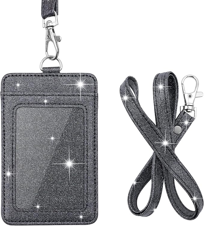 PU Leather ID Badge Holder, Life-Mate ID Badge Holder with 1 Clear ID Window 1 Credit Card Slot and PU Leather Lanyard for Badge Credit Cards College ID Cards in Glitter Black