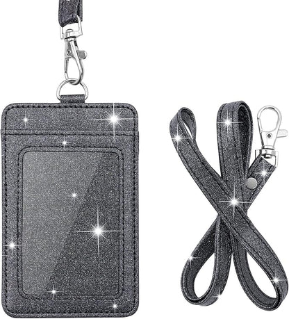 PU Leather ID Badge Holder, Life-Mate ID Badge Holder with 1 Clear ID Window 1 Credit Card Slot and PU Leather Lanyard for Badge Credit Cards College ID Cards in Glitter Black