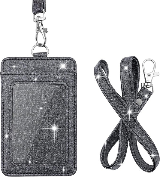 PU Leather ID Badge Holder, Life-Mate ID Badge Holder with 1 Clear ID Window 1 Credit Card Slot and PU Leather Lanyard for Badge Credit Cards College ID Cards in Glitter Black