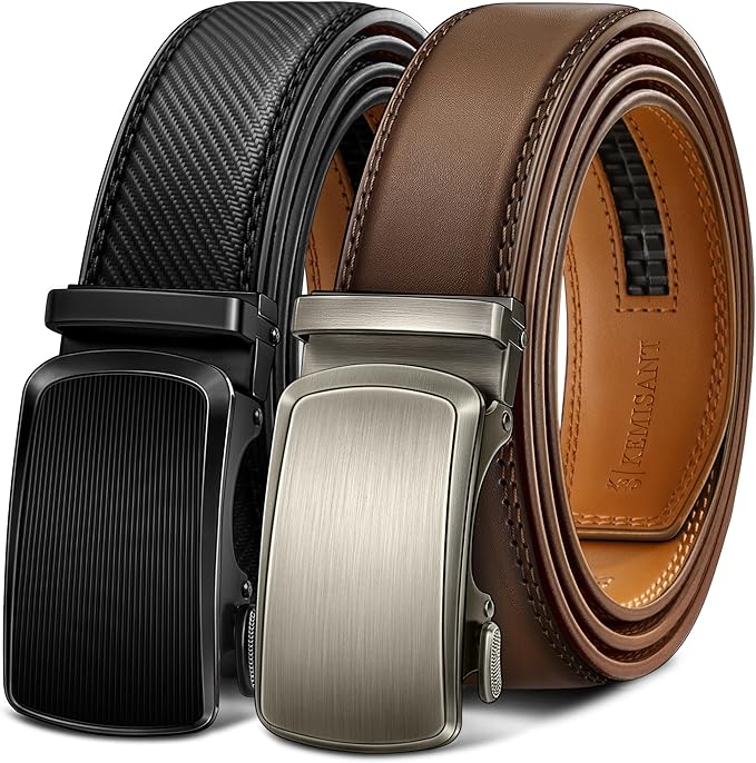 KEMISANT Men Belt 2 Pack, Leather Ratchet Belt Easy Click Slide For Men 1 3/8",Cut for Fit