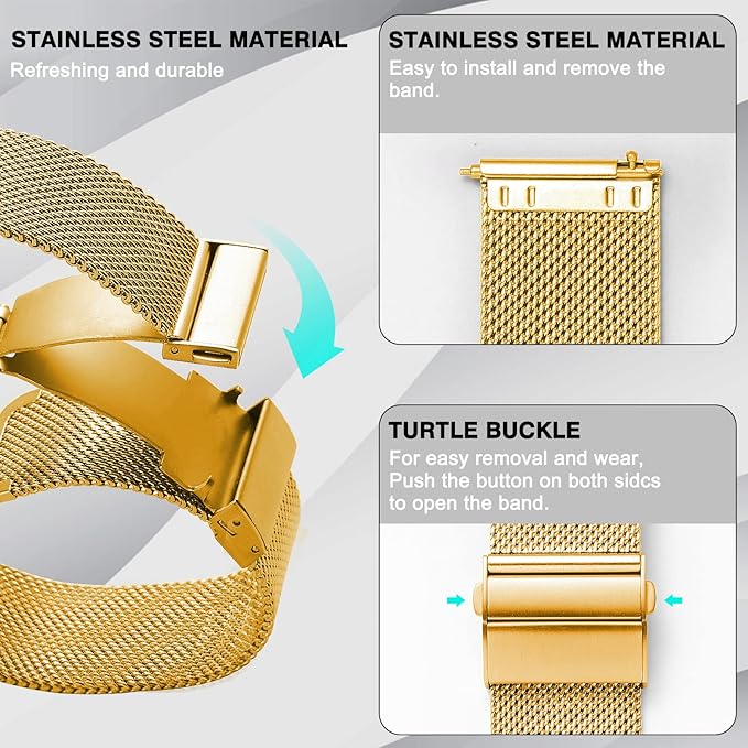 Stainless Steel Mesh Watch Band for Mens Women, Quick Release Mesh Watch Straps 18mm 20mm 22mm 24mm （24mm Gold）