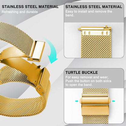 Stainless Steel Mesh Watch Band for Mens Women, Quick Release Mesh Watch Straps 18mm 20mm 22mm 24mm （18mm Gold）