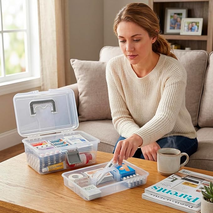 MyGift 10.2 Inch Transparent Plastic Empty Multipurpose Tackle Box with Gray Handle and Removable Tray for Tools, First Aid, Sewing Kit, Arts Crafts Supplies Storage