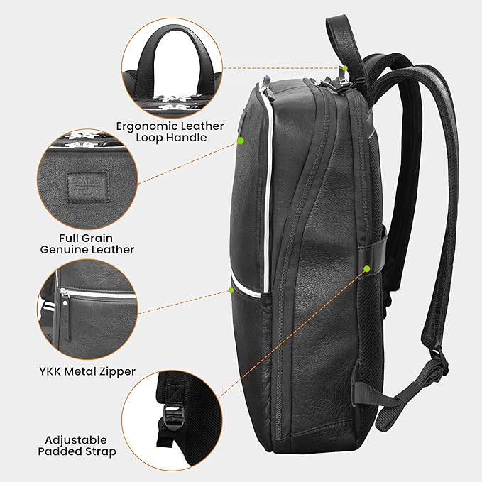 LEATHER VILLAGE Leather Laptop Backpack for Men | Black | Slim Professional Business Bag Fits 15.6”-Laptop | Water-Repellent Work & Travel Daypack with Trolley Strap