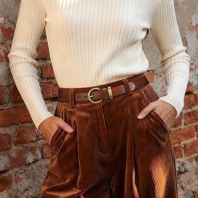 SANSTHS Womens Genuine Leather Belts for Jeans Pants Trendy Vintage Thin Leather Belt Gold Buckle Ladies Skinny Waist Belt