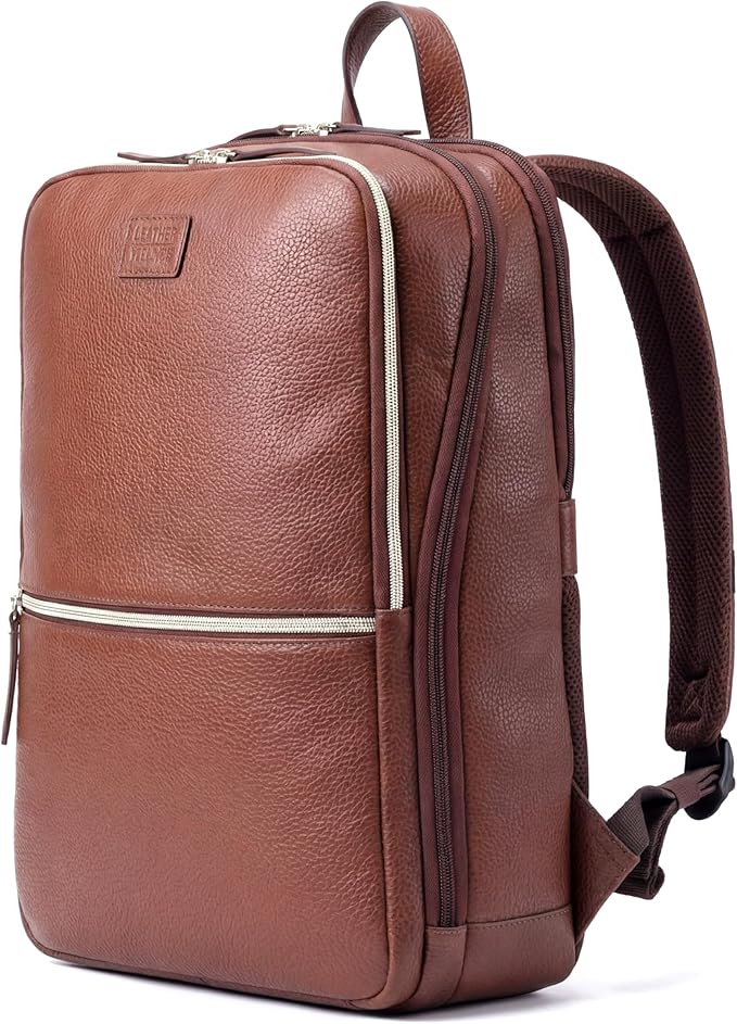 LEATHER VILLAGE Leather Laptop Backpack for Men | Cognac Brown | Slim Professional Business Bag Fits 15.6”-Laptop | Water-Repellent Work & Travel Daypack with Trolley Strap