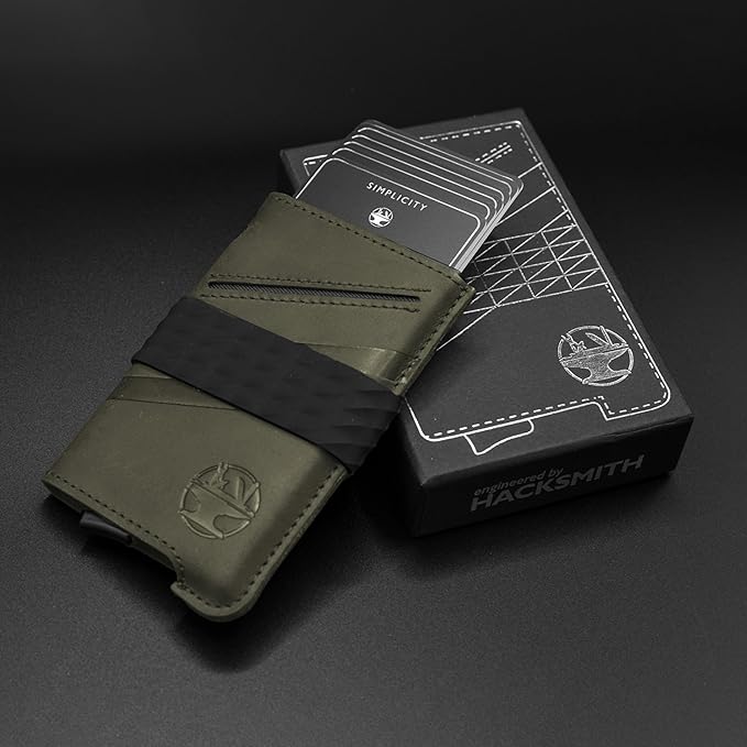 Hacksmith The Smith Wallet – Slim RFID Blocking Wallet for Men – Minimalist Front Pocket Wallet with Money Clip Band – Tactical Leather and Metal Wallets for Credit Cards & Cash (Olive Green)
